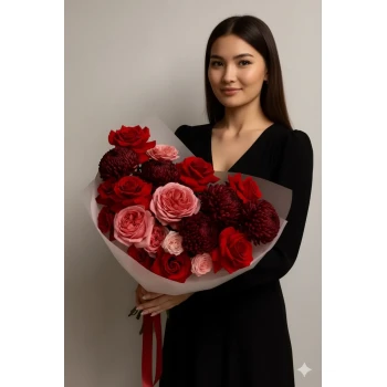 Букет из роз, пионовидных роз, хризантем, спрей роз Букет из роз, пионовидных роз, хризантем, спрей роз